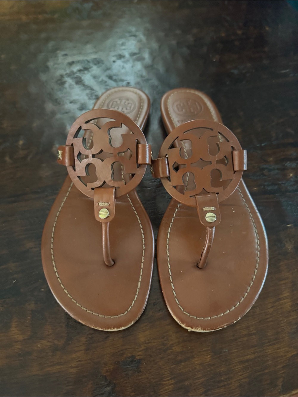 Tory Burch Brown Miller Logo Leather Thong Sandals
